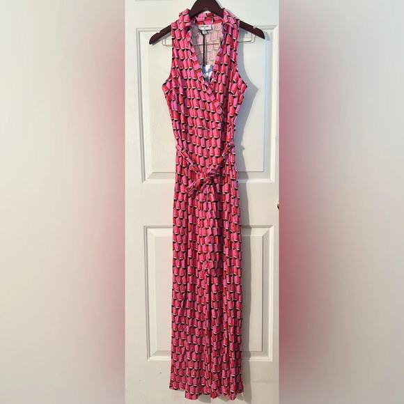 NWT DIANE VON FURSTENBERG Target Collared Sleeveless Pink Modern Geo Jumpsuit SM - Picture 4 of 13